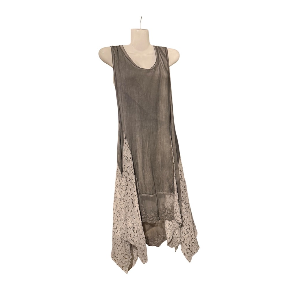 Catalog Classics Gray Lace Trim Handkerchief Hem Midi Dress Medium